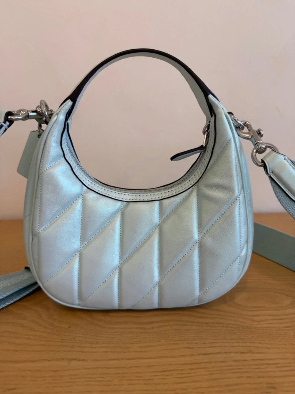 Coach Light Blue Quilted Leather Crossbody Bag with Tassel